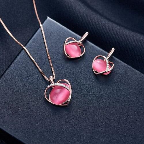 Love Necklace Earrings Set New Inlaid Rhinestone Alloy Peach Heart Combination Set Jewelry Womens Party Birthday Gift