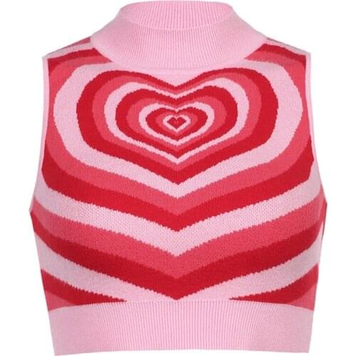 066C Women Summer Sleeveless Knitted Crop Top Sweet Contrast Color Heart Print Turtleneck Sweater Vest Harajuku Casual Slim