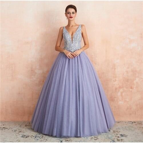 Milomi.CP Tulle Deep V-neck Backless Beading Appliques Ball Gown Lavender Vestidos de fiesta de noche Prom dresses long 44361