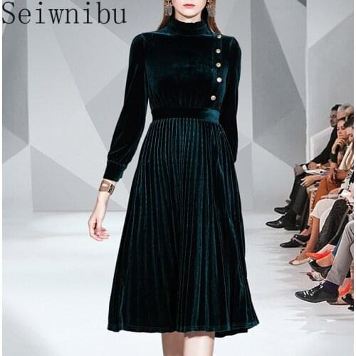 Runway Designer High End Women Velvet Dress Pure Color Ruffled Long Sleeve Pleated Dress 2 Colors