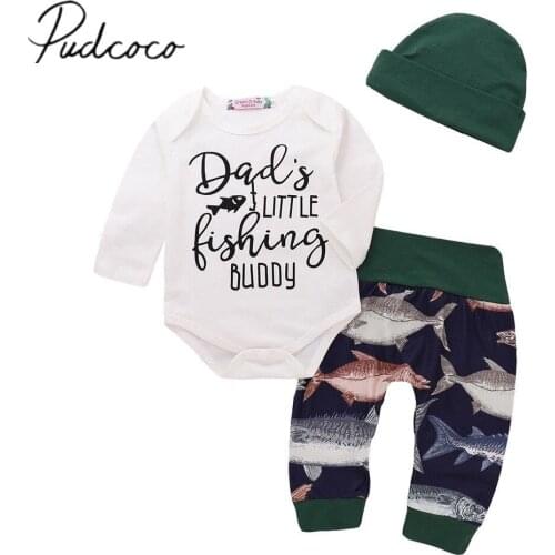2018 Brand New Newborn Infant Baby Girls Boys Autumn Winter Sets 3PCS Long Sleeve Letter White Romper Tops+Fish Print Pants+Hats
