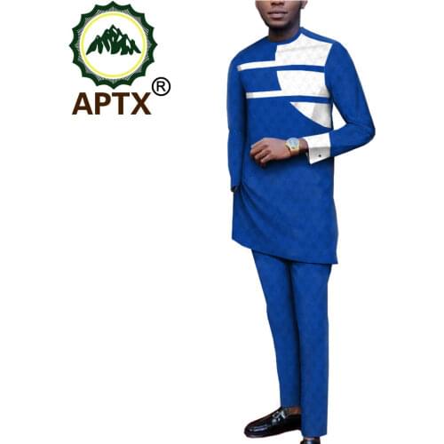 APTX 2021 African Jacquard 2 Pieces Suit for Men Full Sleeves Top with cufflink+Full Length Pants T2016010