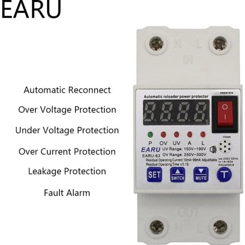 63A Automatic Reconnect Circuit Breaker Over And Under Voltage Over Current Leakage Protection Surge Protect Protector Relay