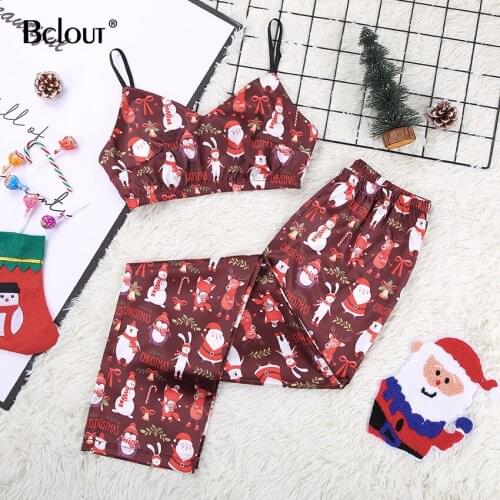 Bclout Satin Pattern Print Christmas Clothes Women High Waist Long Pants V-Neck Top Two Piece Set Sexy Silk Home Suit Spring