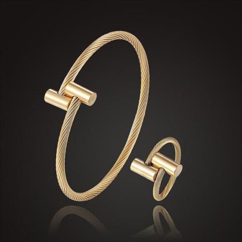 Fateama stainless steel bangle with ring open size jewelry set classic style stretch cylinder bracelet fashion jewelry best gift
