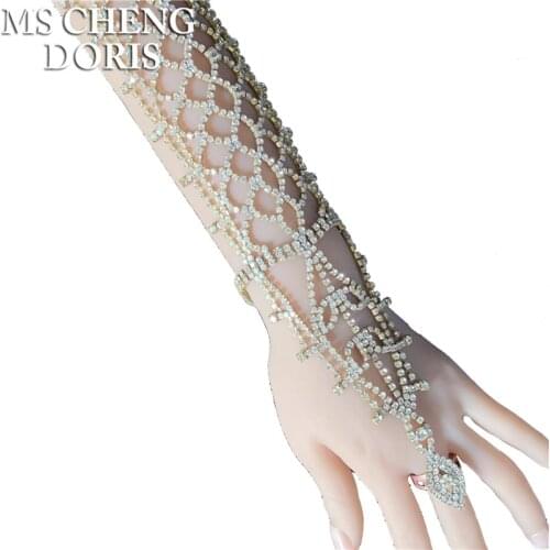 Full All Rhinestone Arm Hand Chain Ring Copper Bracelet Wedding Bridal Bangles Belly Dancer Jewelry Statement Pave Crystal Women