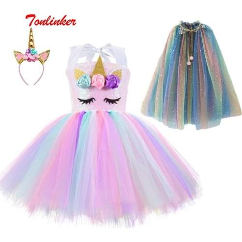 Girls Unicorn Costume Dress And Rainbow Cloak Suit Kids Baby Sequin Pastel Rainbow Tutu Birthday Party Princess Cosplay Dresses