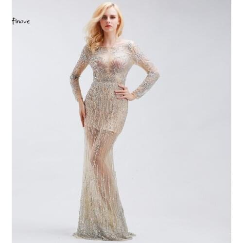 Finove Celebrity Dresses 2020 Luxury Crystal Beading Long Sleeve Sexy Illusion Formal Evening Party Gowns Dresses Robe de Soiree