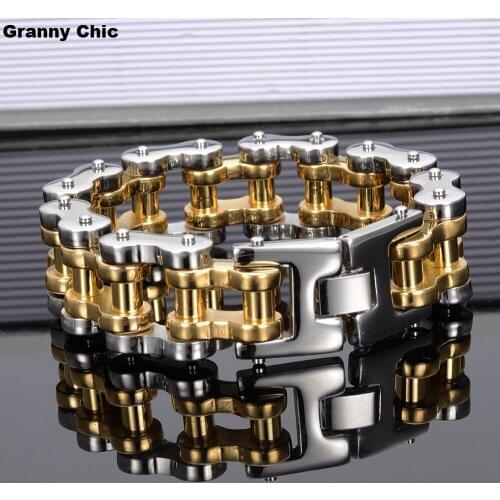 Granny Chic 1pcs 18mm/22mm Mens Punky Style Fashion Silver Gold Stainless Steel Motorcycle Biker Handmade Bracelet 9"