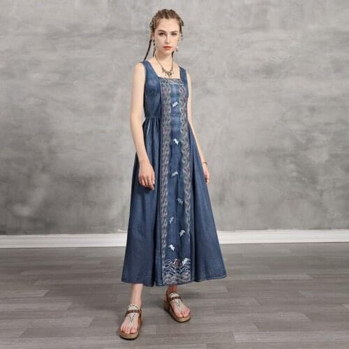 Johnature 2021 Summer New Retro Embroidery Square Collar Denim Vest Dresses Simple Comfortable Women Fashion Patchwork Dress