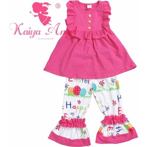 Kaiya Angel Watermelon Cotton Top Happy Easter Flower Trousers with Colored Eggs Summer Children Clothing Factory Wholesale