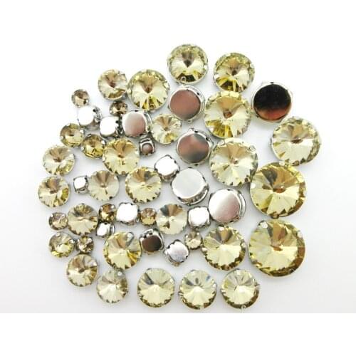 Lt topaz crystal glass mix Rivoli round shape 7 sizes silver claw flatback sew on rhinestones beads wedding dress diy decoration