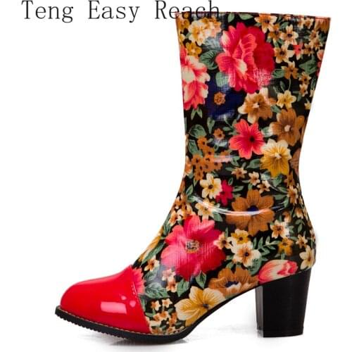 Fashion Floral Boots Women 2020 New Zipper Medium Heel Mid-Calf Boots Ladies Flower Autumn Winter Shoes Women Large Size 34-45