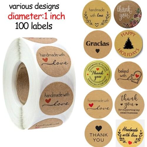 100pcs Handmade with Love Letter Stickers Thank You Stickers Roll Labels Wedding Box Gift Packing Decoration Stationery Stickers