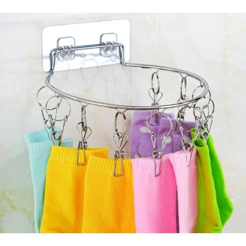 Wall Mount Stainless Steel Clothes Pin Hanger Storage Organizer Laundry Drying Rack with 8/10 Clips for Hat Sock Underwear Glove