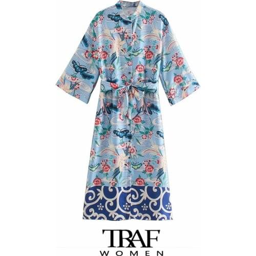 TRAF Za Women Fashion With Belt Floral Print Midi Shirt Dress Vintage Short Sleeve Side Slit Hem Female Dresses Vestidos