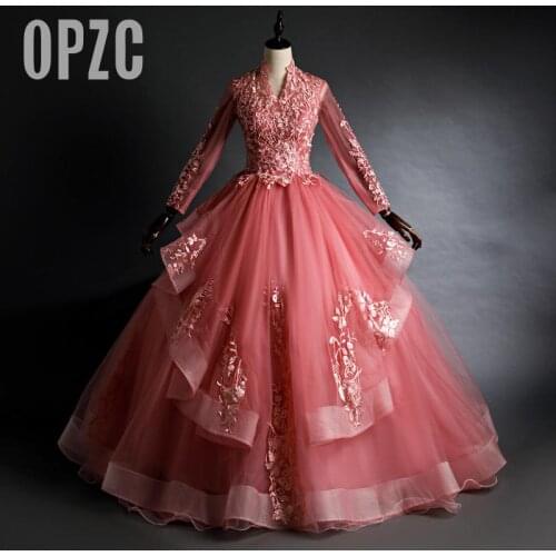 Muslin Luxury Lace Beaded Ruffles Tiered Quinceanera Dresses High Neck Long Sleeve Organza Sweet Party Vestidos 15 Anos Vintage