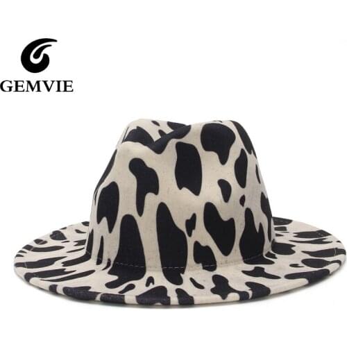 GEMVIE Fashion Wide Brim Cows Pattern Fedora Hat For Women Wool Felt Hat For Men Autumn Winter Panama Jazz Cap