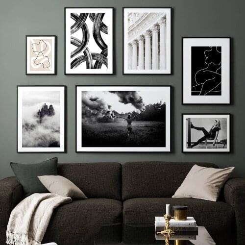 Nordic Wall Art Print Abstract Lines Painting Women Figure Poster Foggy Scenery Wall Pictures Canvas Home Decor Living Room Sofa