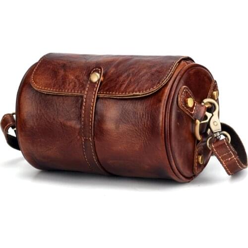 Men Women Cross Body Barrel-Shaped Bag Small Retro Designer Brush Color Genuine Leather Purse Single Messenger Shoulder Bags