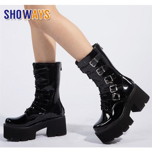 2021 Winter Women Platform Mid-calf Boots Black High Thick Heel Party Ladies Round Toe Punk Buckle Strap Zipper Motorcycle Boots