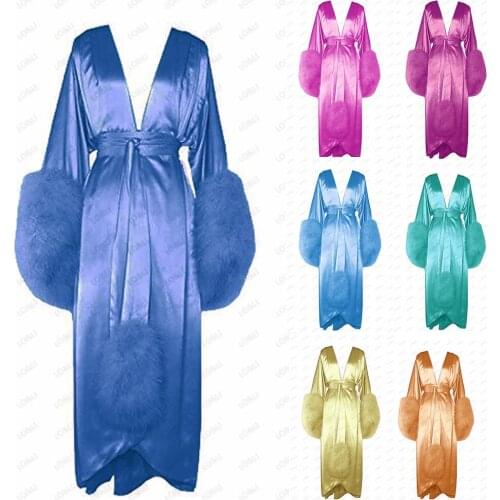 Bride Dress Feather Robe Silk Like Satin Robe Long Sleeve Birthday Party Wedding Gift Bridal Get Ready Dress