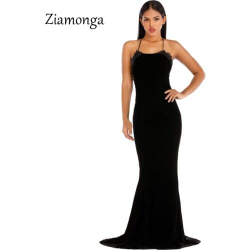 Ziamonga Velvet Dress Bodycon Sexy Party Dresses Sleeveless Backless Elegant Maxi Long Lace Dress Women Fold Club Vestidos
