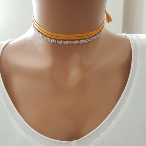 Yellow Leather Choker Women Necklace 925 Sterling Silver Baquette Necklace Made in TURKEY