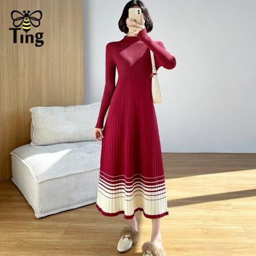 Tingfly Women Fashion Clothes Winter Autumn New Striped A Line Knit Midi Long Dress Vintage Elegant Casual Largo Vestidos Robe