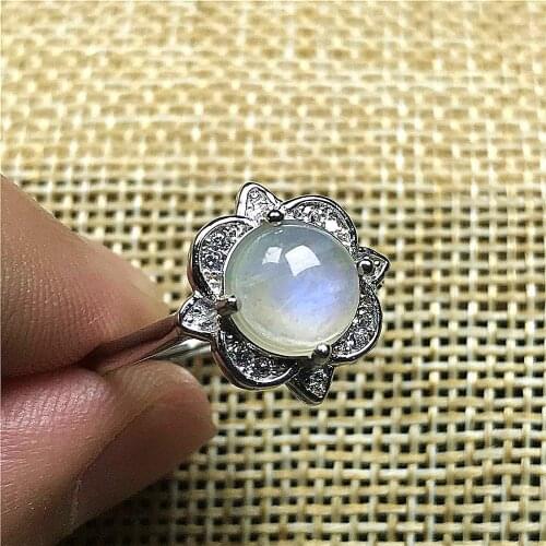 7.5mm Top Natural Blue Light Moonstone Ring Jewelry For Woman Lady Man Crystal Silver Oval Beads Gemstone Adjustable Ring AAAAA