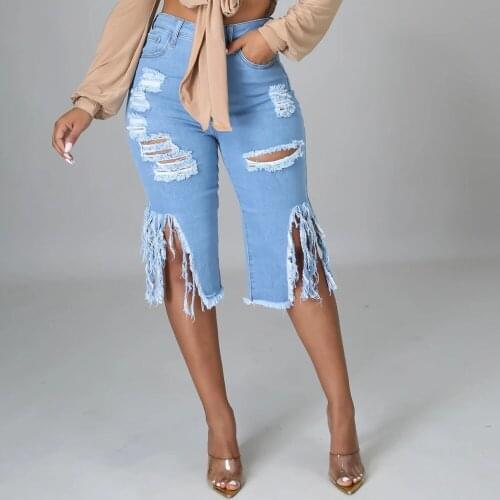 2021 Stylish Solid Color Half Length Jeans High Waist Slim Fit Summer Casual Wild Split Ripped Denim Tassel Fifth Pants