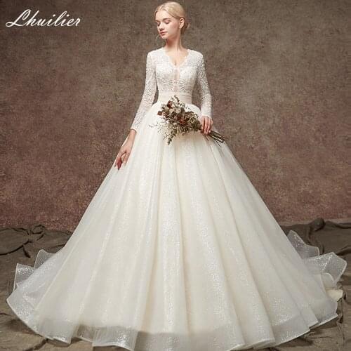Lhuilier A Line Shiny V Neck Wedding Dresses 2021 Full Sleeves Lace Appliques Floor Length High Waisted Bridal Gowns