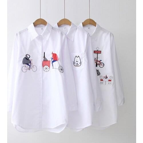 Women White Blouse Spring Fashion 2021 Long Sleeve Cotton Embroidery Blouse Casual Button Design BF Korean Style Female Shirt