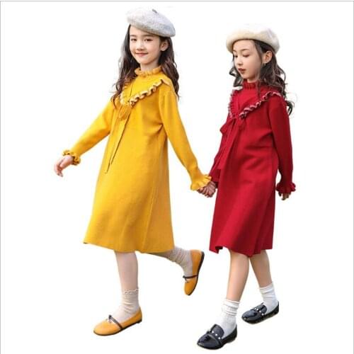 Girls Dresses Teenage Girl Clothing Cotton Bow Kids Sweater Dresses High-grade Knitting Baby Clothes 8 10 12 14 Year