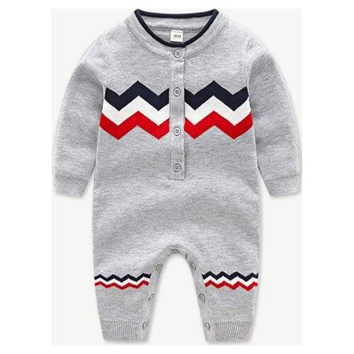 Boys and girls cotton knitted jumpsuit with wavy stripes long sleeved trousers baby clothes
