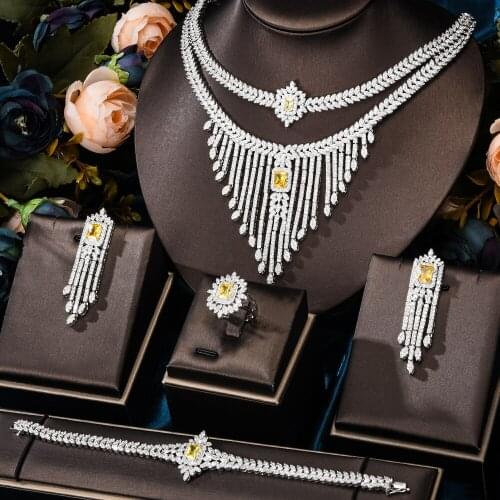 KellyBola Fashion High Quality Zircon Geometry Tassel Necklace Bracelet Earring Ring Set Noble Female Wedding Party Top Jewelry