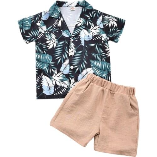 New Baby Boys Clothes Set, Leaf Print Short Sleeve Lapel Neck Button-up Shirt + Solid Color Short Pants