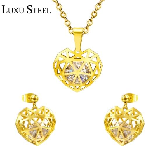 LUXUSTEEL Hollow Out Heart Shape With Round Cubic Zirconia Pendant Necklace Earring Sets Stainless Steel Wedding Jewelry Set
