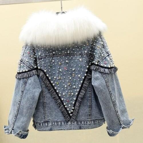 Short Winter Jackets For Women 2020 New Pearls Rivet Denim Jackets Womens Casual Loose Jeans Coats Parka Female Warm Denim Coats
