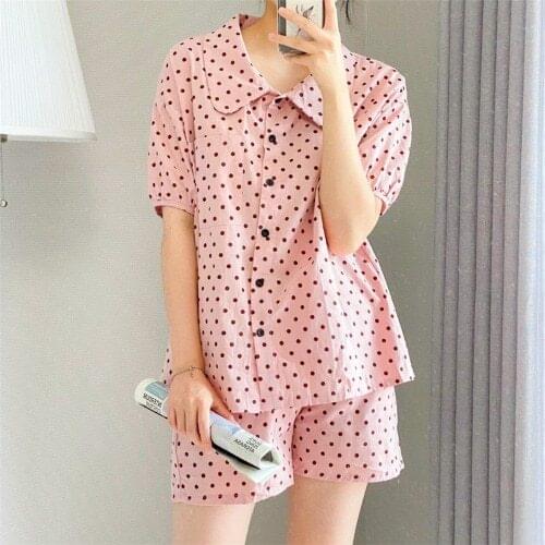 Summer Pajamas for Women Fashion Wave Point 100%cotton Short Sleeve Soft Nightwear Simple Style Comfortable Sleepwear