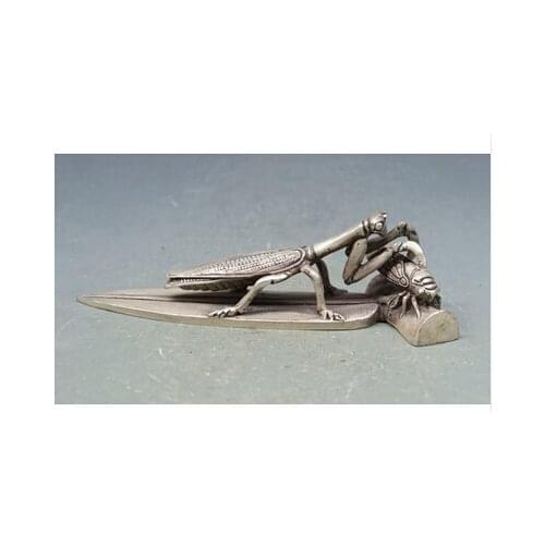 Copper Brass CHINESE crafts Asian blanco Copper silver Elaborado Interesante Blanco Chino Estatua De Cobre-la Captura Mantis