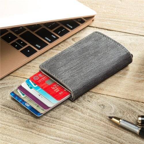 Mens New Rfid Anti Theft Brush Aluminum Alloy Business Automatic Card Bag Antimagnetic Wallet Fashion Denim Metal Clip