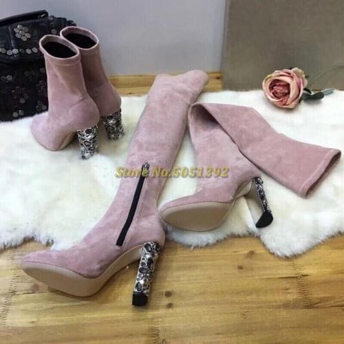 New Arrivals Crystal Heel Over The Knee Boots Women Stretch Suede Boots Round Toe 3cm Heel Boots 10cm Ladies Sock Boots