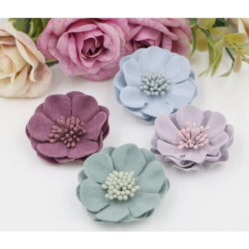 Wholesale Trendy Stamens Core decoration Colorful Suede Camellia Flowers Shape Handmade Microfiber Florals Diy jewelry making