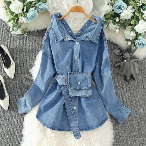 Fall/Winter Casual fashion Loose denim shirt jacket long vintage Hong Kong style long sleeve blouse women with Sashes and Pocket
