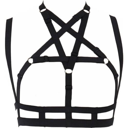 Pastel Goth Black Pentagram Cage Bra Sexy Lingerie Bondage Body Harness Belt Punk Open Chest Star Body Cage Woman Harness Bra