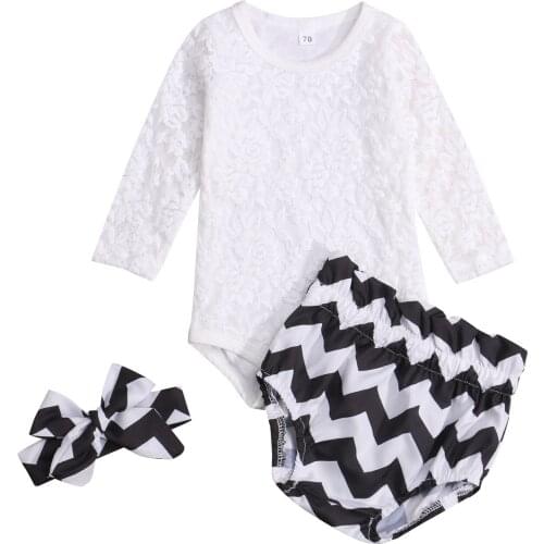 New 3 Pcs Casual Outfits, Baby Girls Floral Lace Long Sleeve Round Neck Romper + Geometric Pattern Shorts + Headband Set