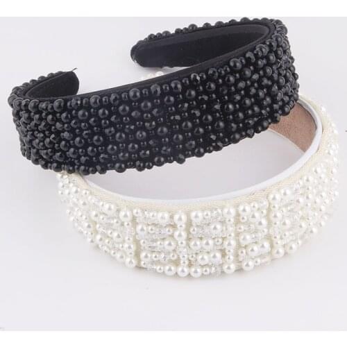 2021 New Arrival Full Pearl Crown Hairbands For Women Bridal Wedding Luxury Turban White Black Wide Outdoor Elastic Hair Rope