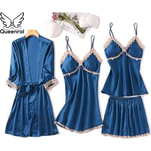 Queenral 5PCS Silk Stain Pajamas Sets Pyjama Women Sleepwear Sets Homewear Pyjama Nightwear lingerie lace winter pyjamas