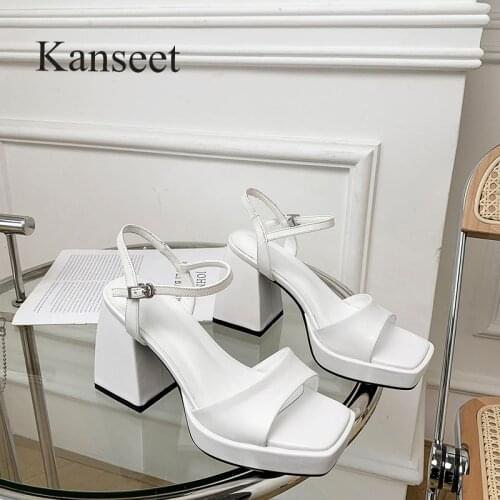 Kanseet Thick Heels New Women Real Leather Shoes 2021 Summer Sandals Open-Toed Platform Footwear Buckle Strap Party Sandals